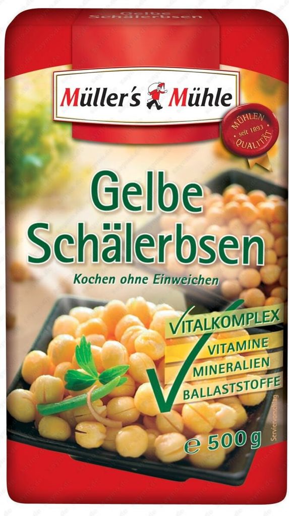 A bag of yellow split peas with nutritional information highlighted.