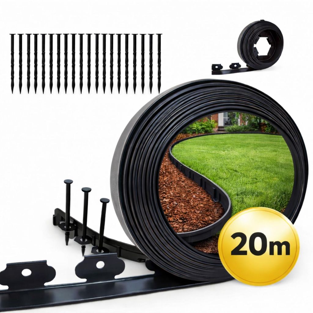 20 m Rasenkante Flexible Gartenkante Höhe 6 cm Kunststoff Rasenbegrenzung Set mit Befestigungsnägeln Beeteinfassung Grasabtrennung Mähkante Schwarz