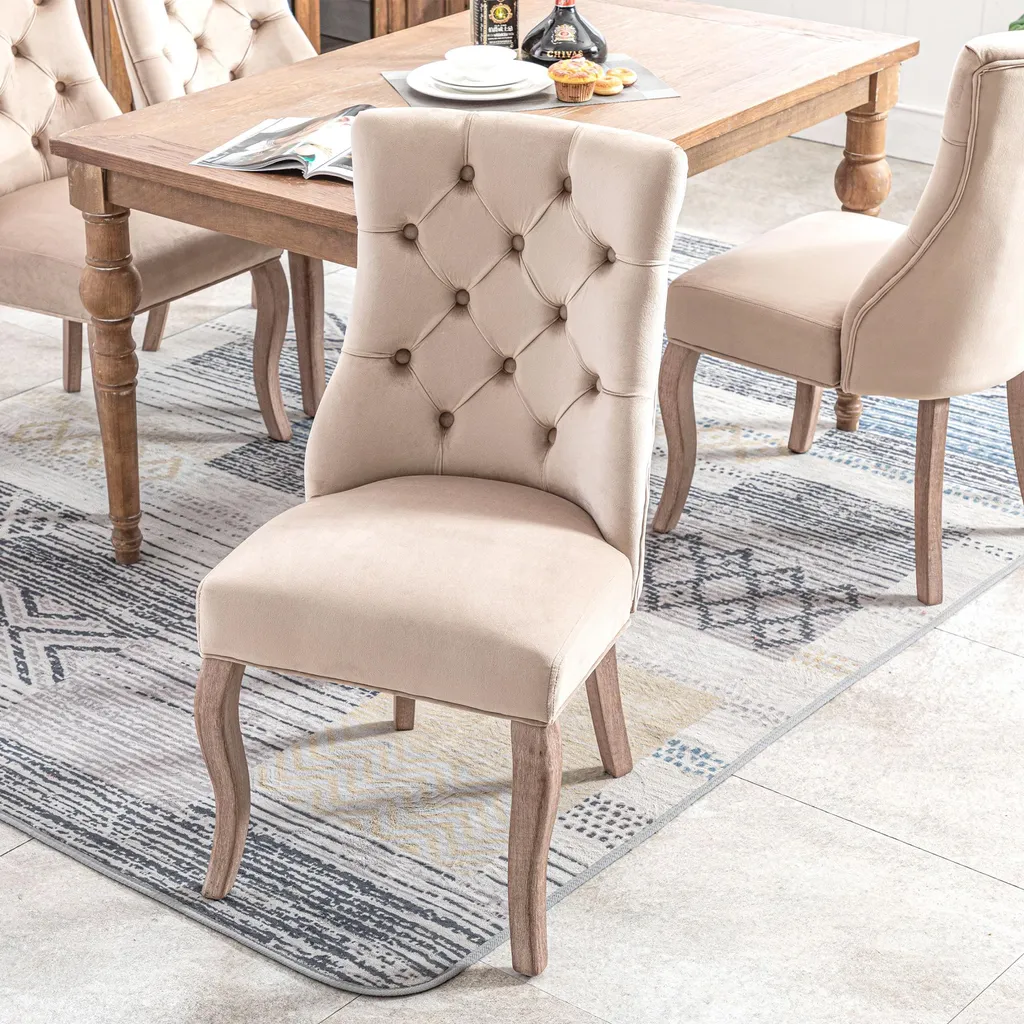 Chaise Velours Beige et Bois Massif Lot de 2 avec Dossier Haut Confort