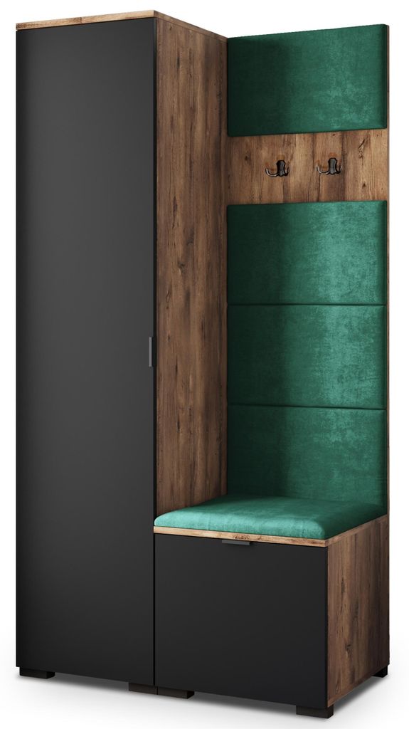 Masseno Garderobe-Set LORI 95/181/51 cm Modern Garderobenschrank Eiche Lefkas, Veloursstoff MONOLITH 37 (Grün)