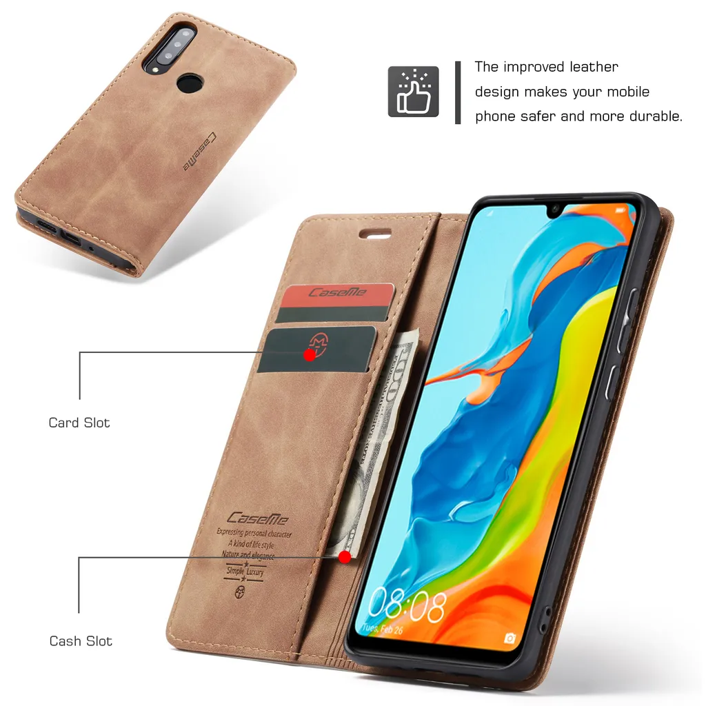 Custodia Huawei P30 Lite In Pelle Con Copertura Posteriore Glassata: Portafoglio Con Slot E Supporto | Chiusura Magnetica E Design Occhio Di Gatto