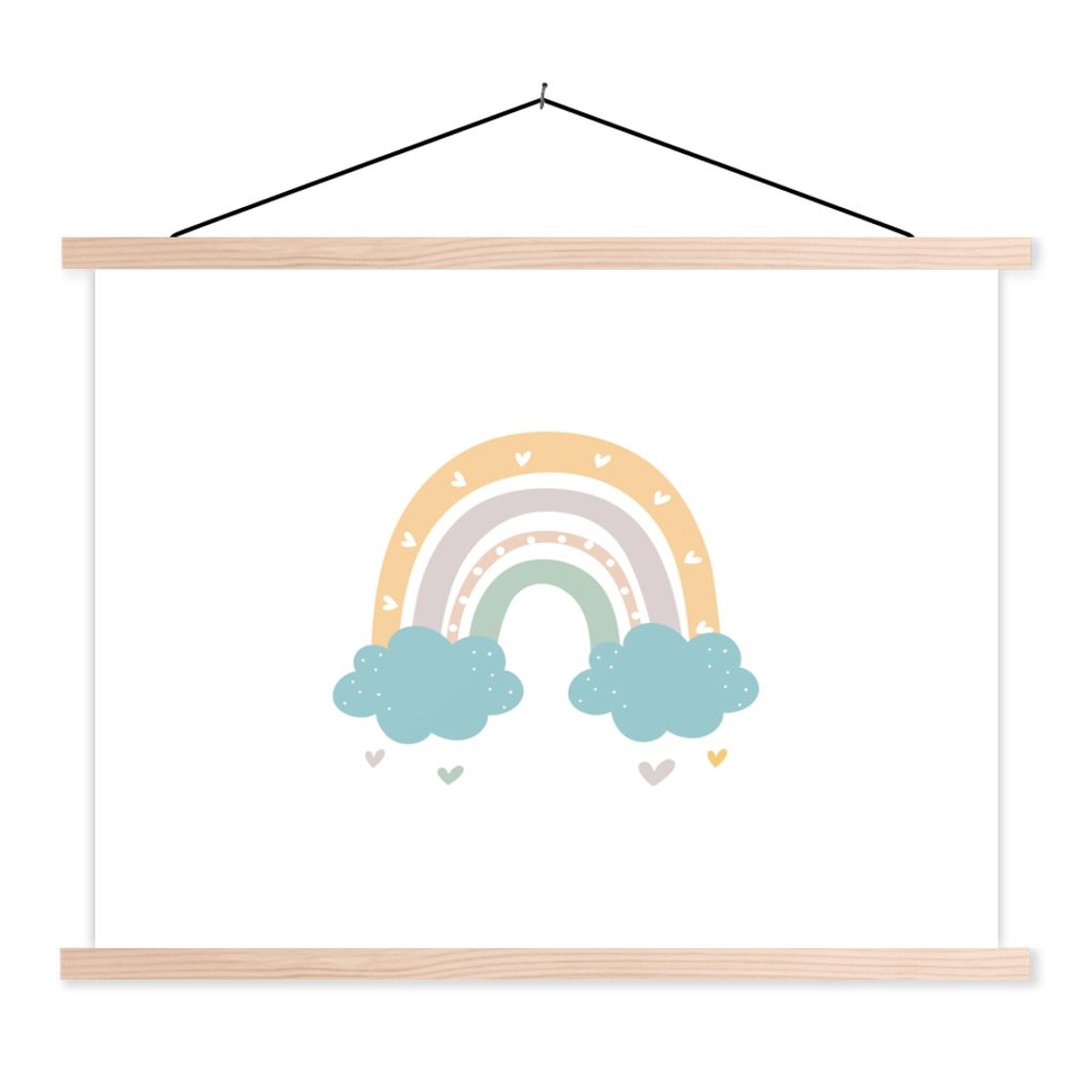 MuchoWow Textilposter Regenbogen - Herzen - Wolken - Punkte - Pastell - Kinder 120x90 cm mit holzfarbenen Rahmen - Magnetisch