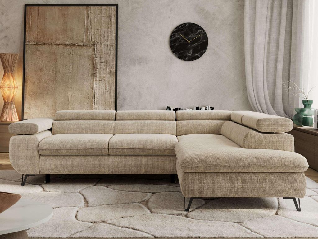 Couch mit Schlaffunktion L-form Ecksofa mit Topper Visco Wohnzimmersofa mit Einstellbare Kopfstützen - PABLO L - Schenille grob - Beige - Rechts