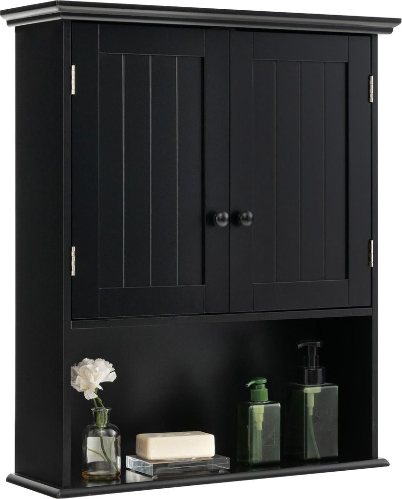 Badezimmerschrank hängend Holz, Hängeschrank Bad mit offener Ablage, Badschrank Wandschrank mit Türen & verstellbarem Regal, 60 x 19 x 71 cm (Sc...