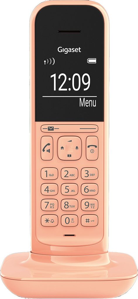 A Gigaset CL390HX Cantaloupe cordless phone is shown on its charging base against a white background.