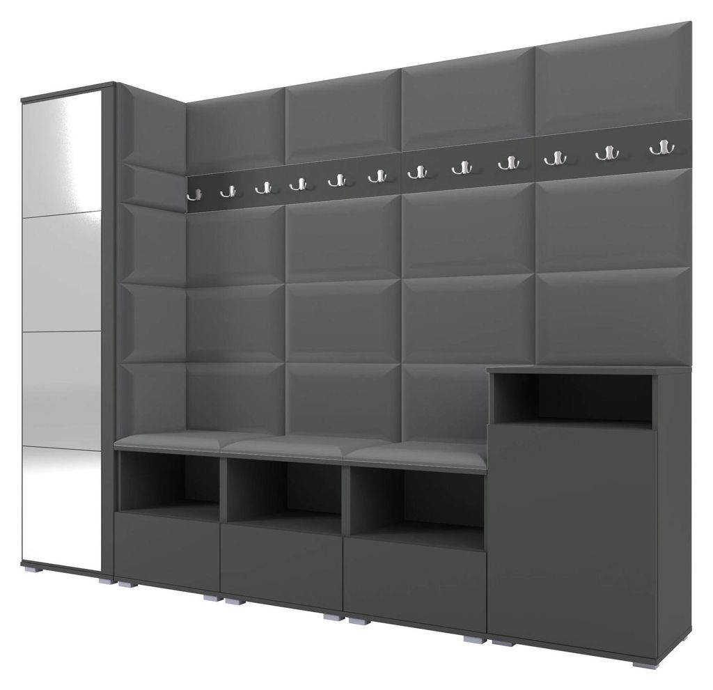 Garderobe NELA XI 250 cm Modulare Flurmöbel Graphit mit Spiegel & Sitzpolster Dunkelgrau 15 (Großes Set)