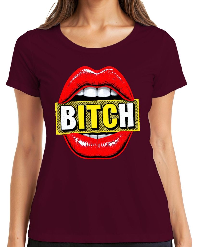 BITCH Spruch Lippen rot Pop Art frech Geschenk Freundin Party Damen T-Shirt, Burgundy, L