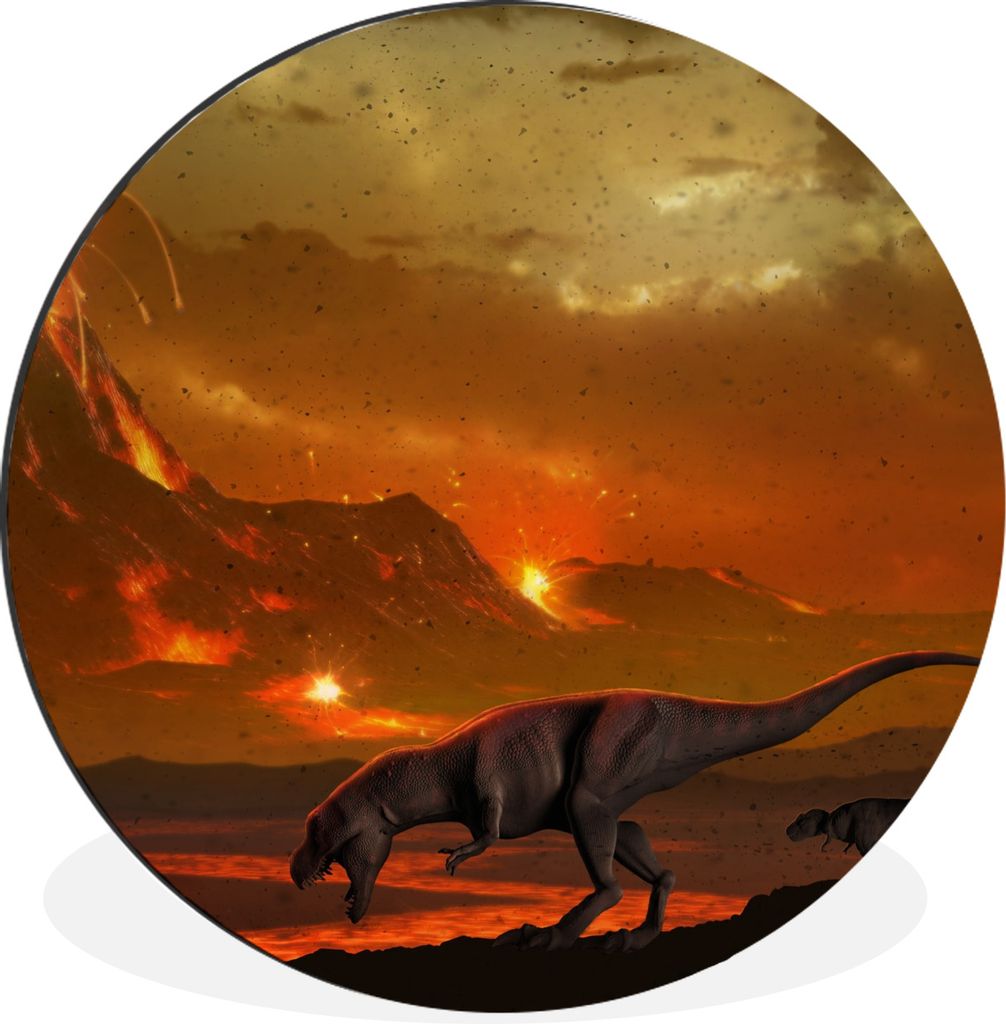 MuchoWow Aluminium Wandkreis Dino - Vulkan - Lava - Illustration - Jungen - Kinder Ø 30 cm Wanddeko Modern Wohnzimmer - Wand Bild - Wohnzimmer -...