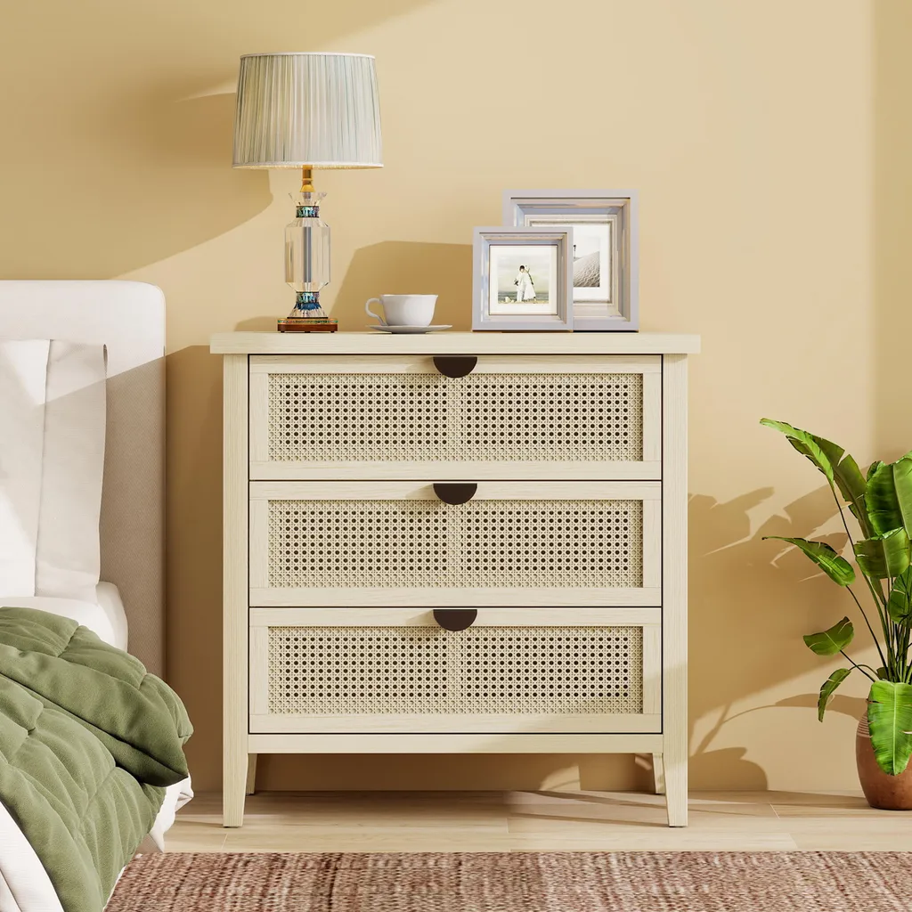 Table d'Appoint Chic en Rotin Alvéolé, Meuble de Rangement 3 Tiroirs