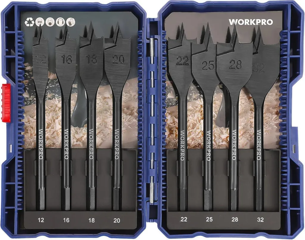 Mèches à Bois Plates WORKPRO 12-32mm en Acier Carbone avec Coffret