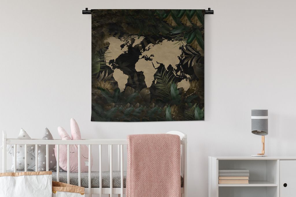 MuchoWow Wandteppich Wandbehang Weltkarte - Blätter - Beige 90x90 cm Tapisserie Dekoration Wandtuch - Wandaufhänger