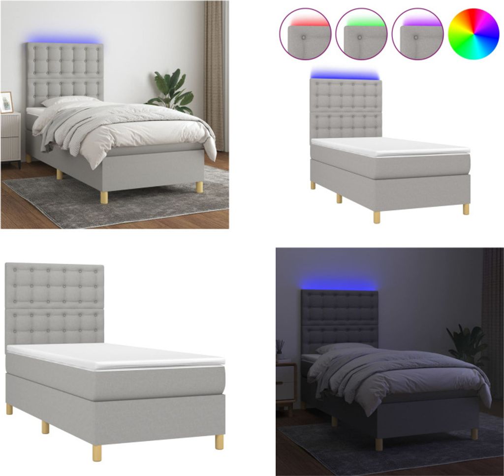 vidaXL Boxspringbett mit Matratze & LED Hellgrau 100x200 cm Stoff - Boxspringbett - Boxspringbetten - Bett - Schlafzimmermöbel
