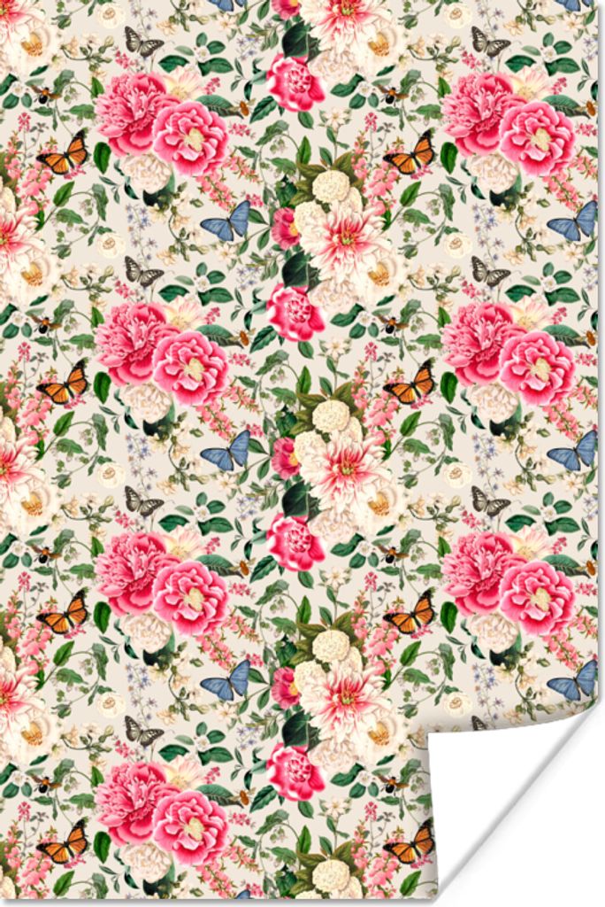 MuchoWow Poster Sommerblumen - Schmetterling - Pastell 40x60 cm - Plakate für die Wand - Poster Babyzimmer