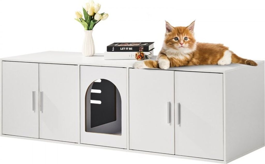 Katzentoilette mit Schrank - Katzenklo 1,47x0,46x0,45m in Weiß - stilvoller Katzenschrank - platzsparende Lösung für Ihre Katze