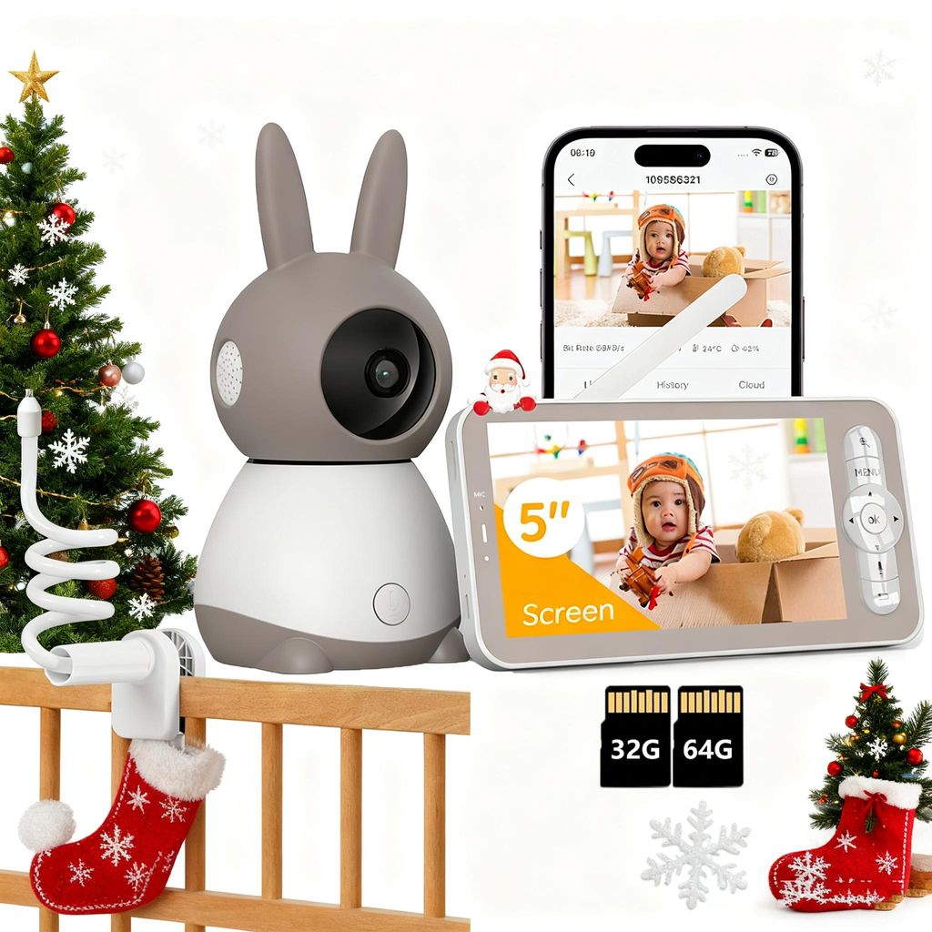 2K-Babyphone mit Kamera und Nachtsicht, 5-Zoll-WLAN-Video-Babyfon, Gegensprechfunktion, Bewegungserkennung, Temperaturerkennung mit Halterung & 32&64G