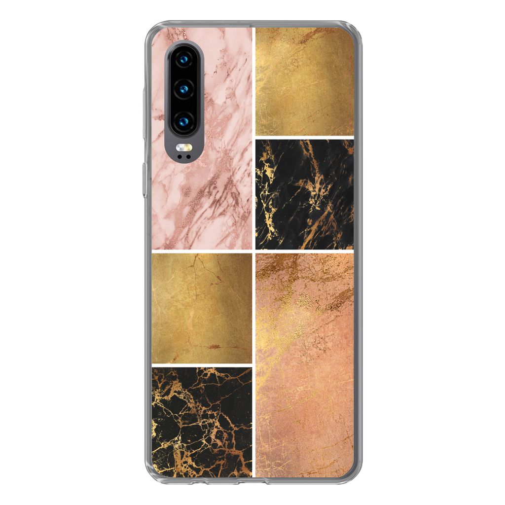 MuchoWow Handyhülle Schutzhülle Hülle für Huawei P30 Marmor - Rosa - Gold Silikon Softcase Handy Hülle - Kartenbesitzer