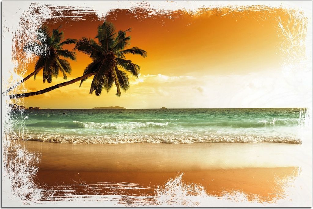 Kunstdrucke Wandbilder Holz in : Brillante Farben, Größe 60 x 90 cm Motiv Palmen am Sandstrand bei untergehender Sonne