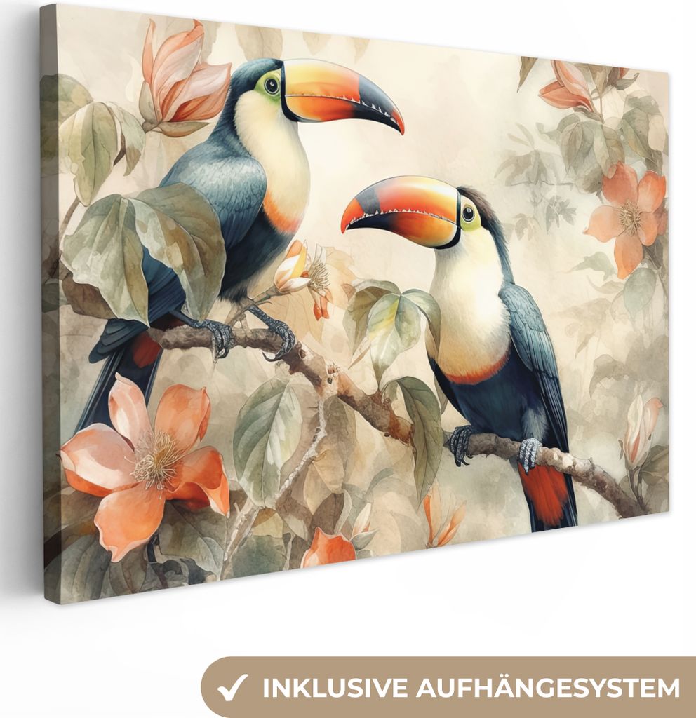 OneMillionCanvasses - Leinwandbilder - 150x100 cm, Tukan - Vögel - Blumen - Zweig, Wandbilder Kunstdruck Wanddekoration - Foto auf Leinwand - Ge...