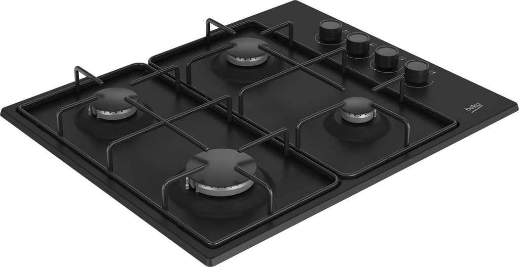 A black gas hob with four burners and control knobs, shown from a slightly elevated angle against a white background.