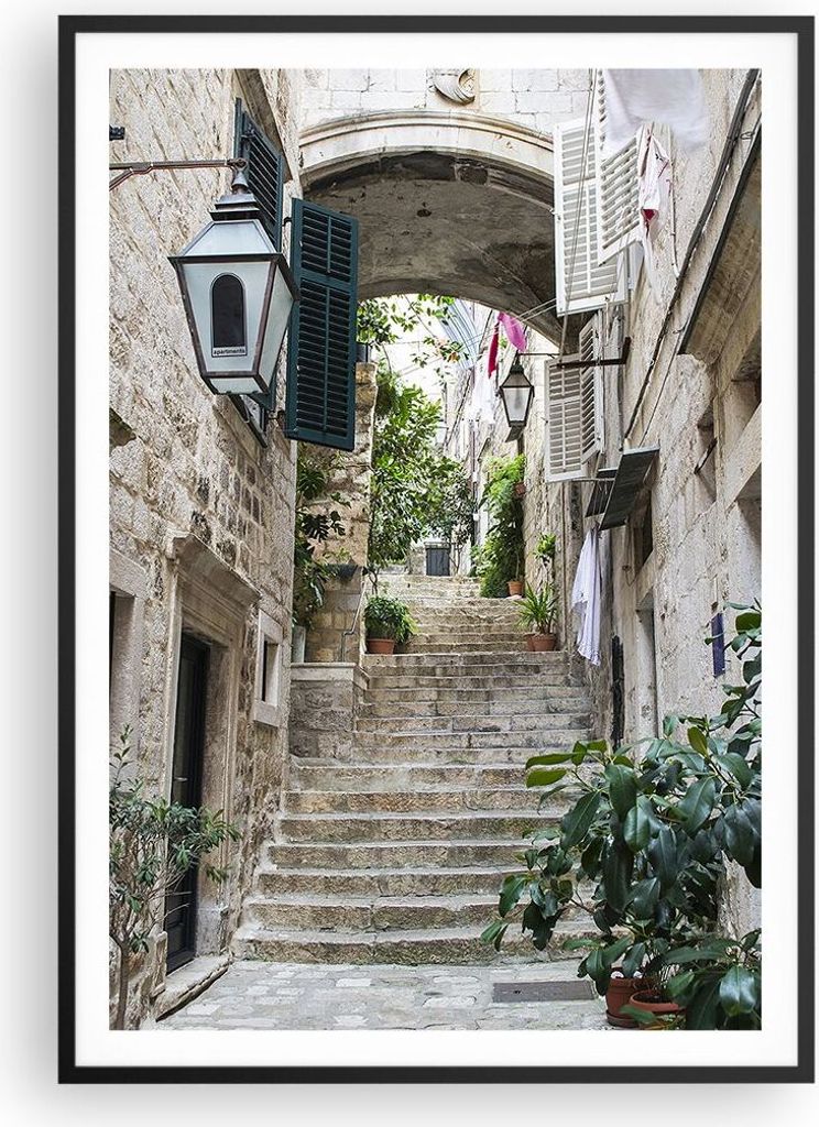 Gerahmtes Poster - Schwarzer Rahmen - Kroatien Treppe Dubrovnik - 70x100 cm - Wand Bild - Wanddeko - Wandbilder - Kunstposter - Wandposter - Bilder...
