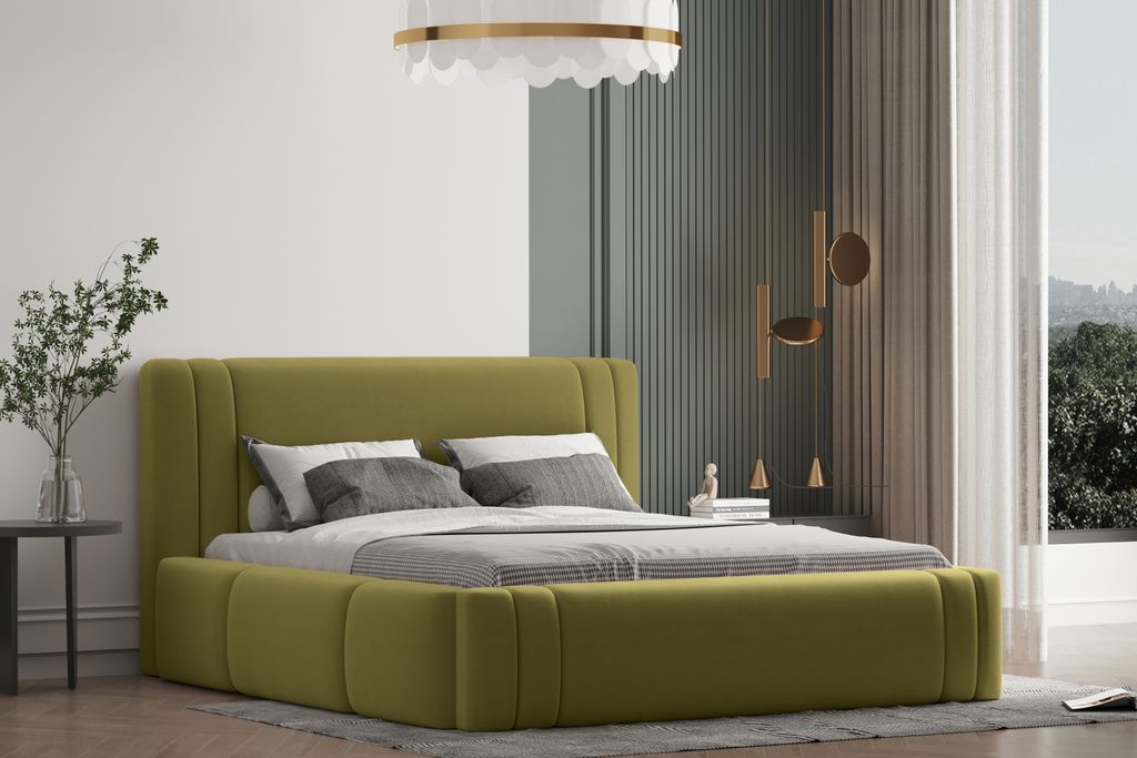 Polsterbett ROLI 90x200 mit Matratze, Bettkasten und Lattenrost. Farbe: Grün.