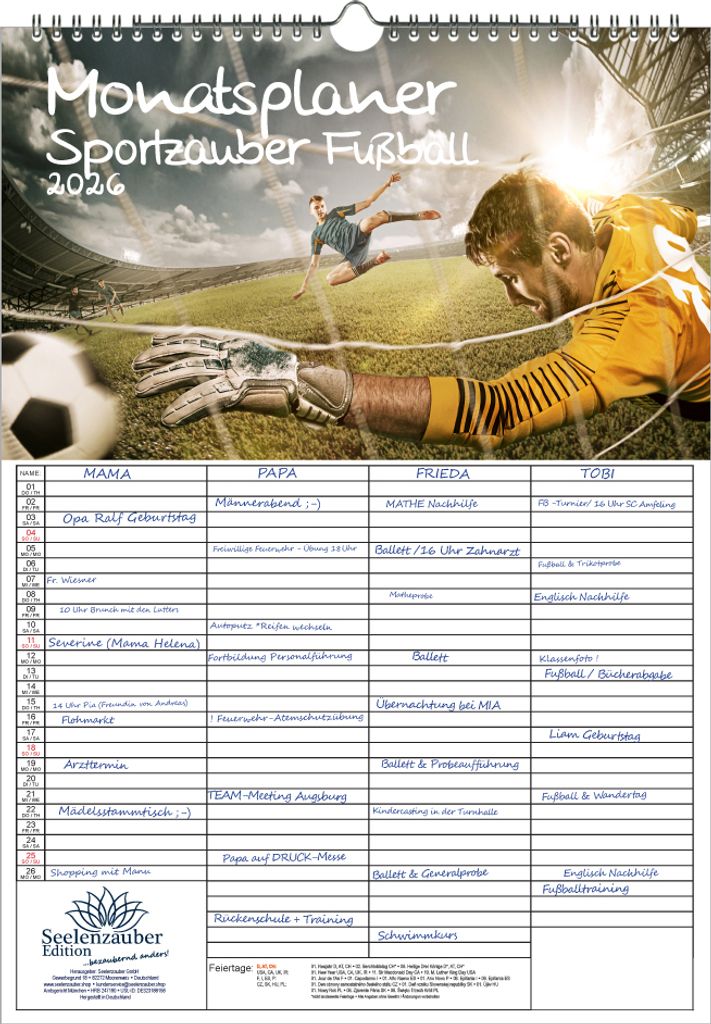 Sportzauber Fußball Planer Familienplaner 4 Spaltenplaner DIN A3 Kalender für 2026 Freizeit Sport Fitness- Seelenzauber