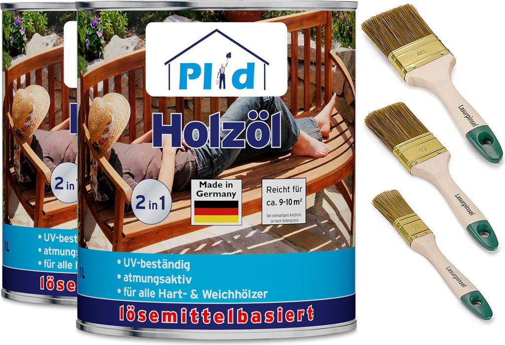 Plid Holzöl 5L Teak für ca. 50m² + Pinselset 3-tlg– Holzschutz & Pflegeöl, Imprägnierung für Gartenmöbel, Terrassen, Zäune & Außenbereich
