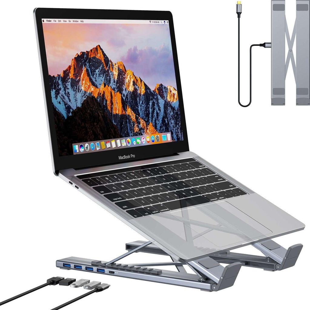 AIORBER Faltbarer Laptop Ständer 10-17 Zoll mit 4-Port USB 3.0 Hub, 9 Winkel verstellbar, ergonomisch, tragbar, Silber