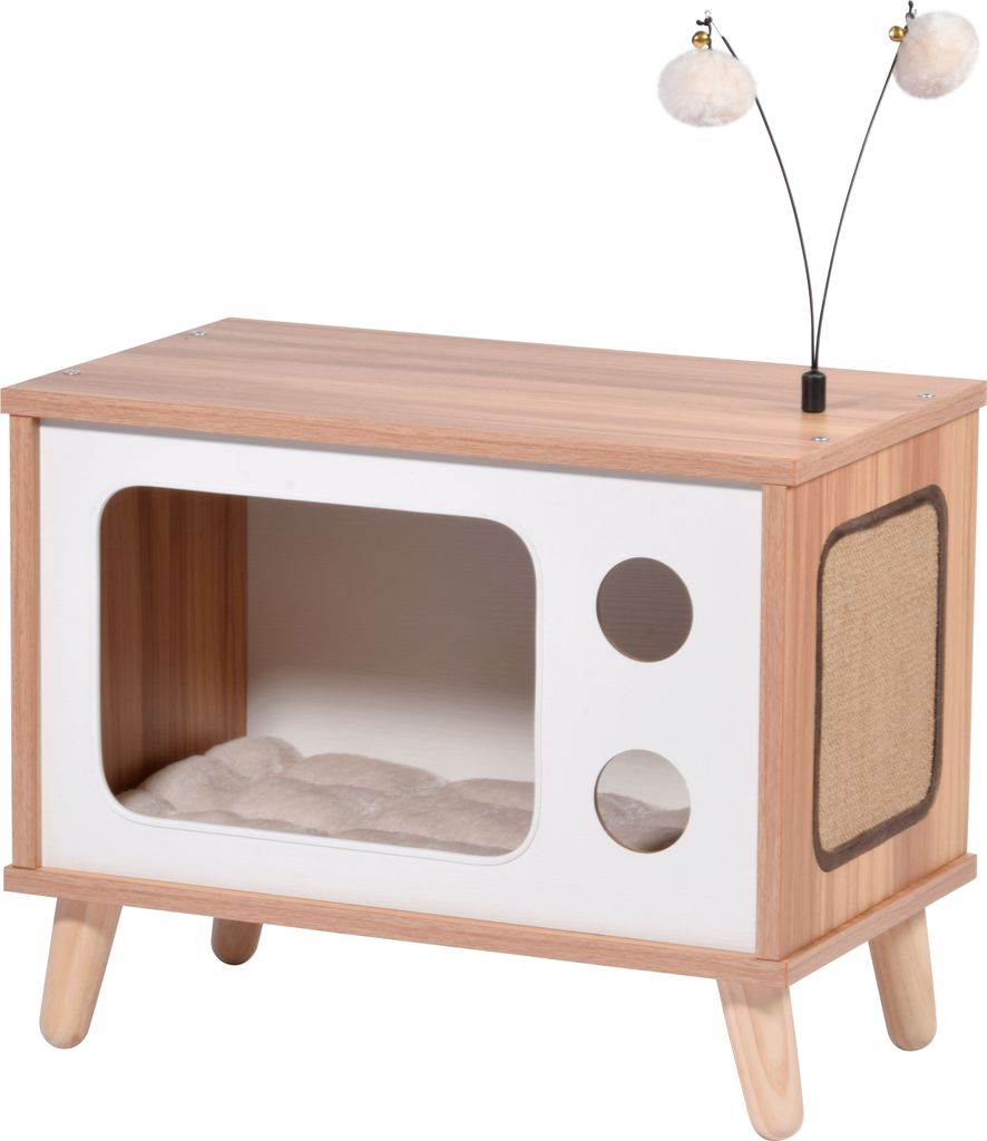 dobar Katzenhöhle TV-Design mit Spielbällen, Jute-Fläche & Plüschkissen, 50 x 29 x 40 cm, Holz, Braun/Weiß