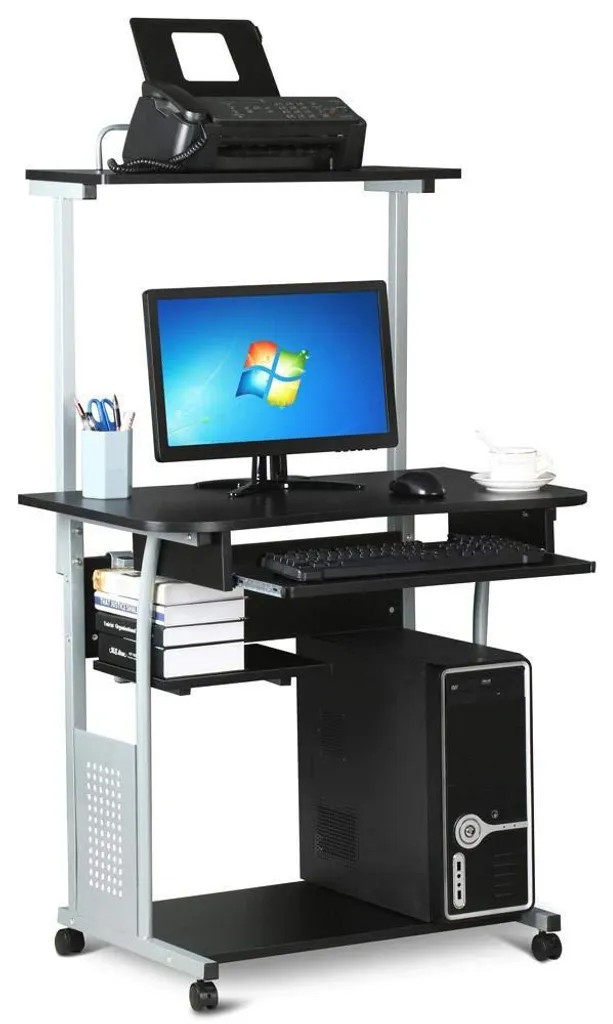 Bureau gain de place pour PC et imprimante mobile noir 80x50x132 cm