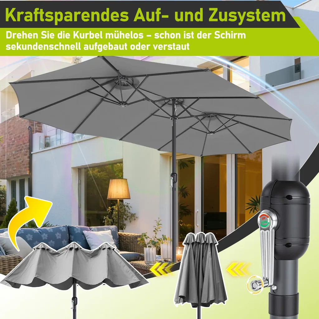 Parasol XXL Izrielar Gris avec Manivelle - Structure Triple Renforcée - 5