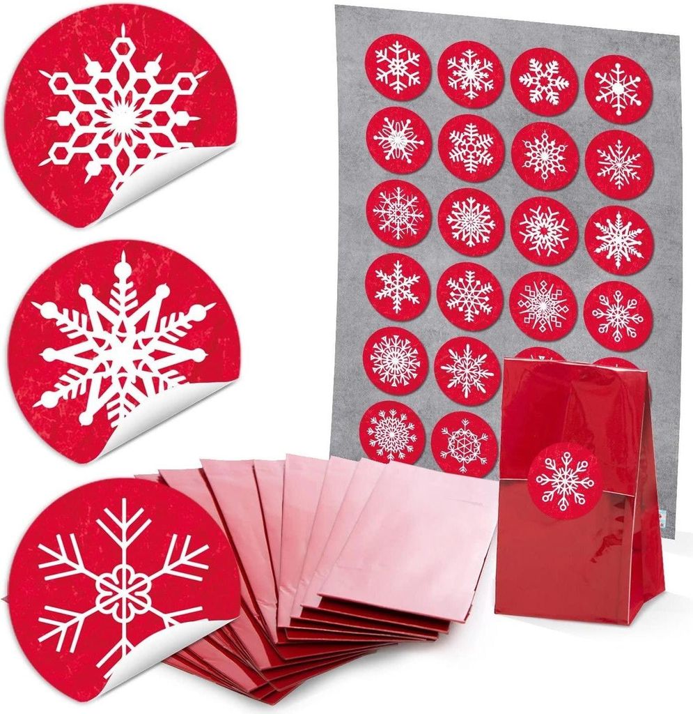 Rote Blockbodenbeutel mit Folieneinlage + Weihnachtsaufkleber – 7 x 4 x 20,5 cmSchneeflocken Rot, Weiß / 24 Stück