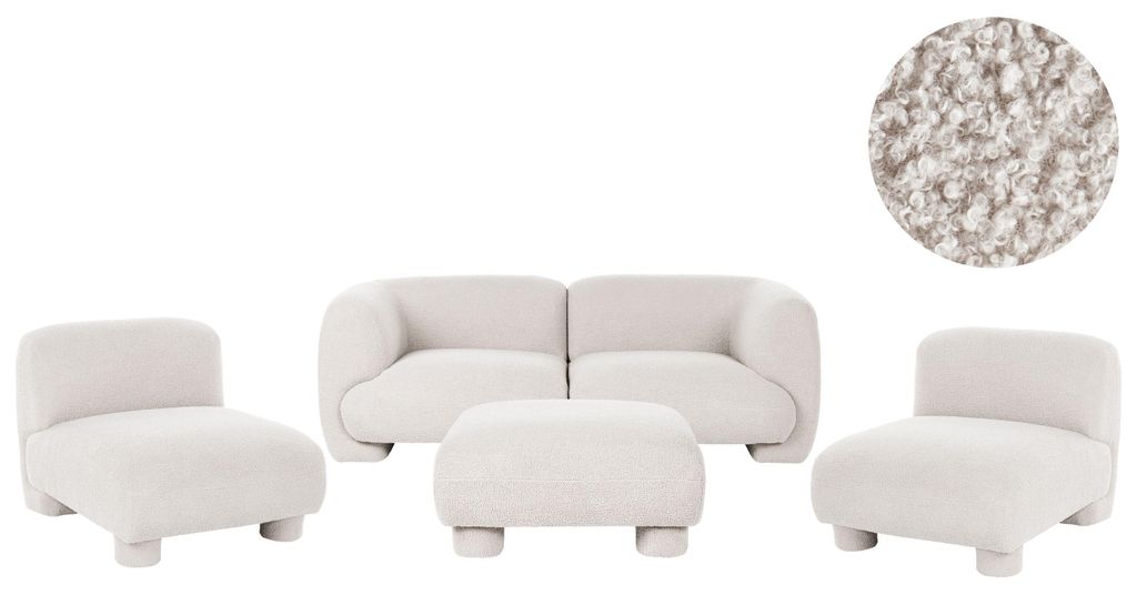 BELIANI Sofa Set Cremeweiß Bouclé Teddy-Optik Modular Niedrige Sitzhöhe Freistellbar Moderne Sitzgruppe 2-Sitzer Sofa mit 2 Sesseln und Ottomane