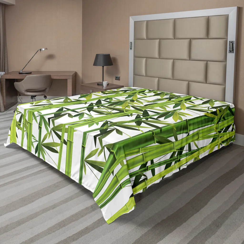 Drap plat zen pour lit décoratif ambiance nature 275x260 cm vert et blanc