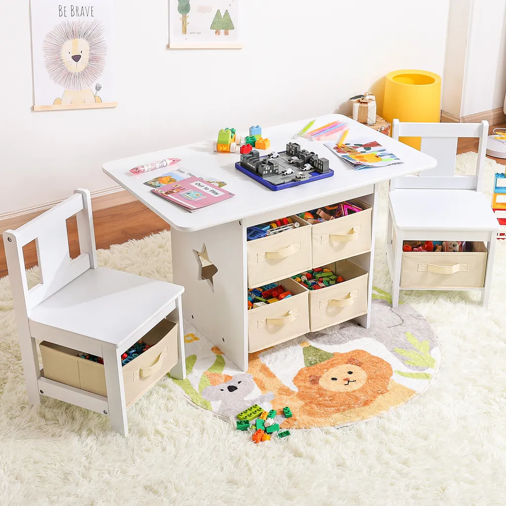 Yorbay Set Gioco per Bambini: Tavolo e Sedie in Bianco e Beige Dolce