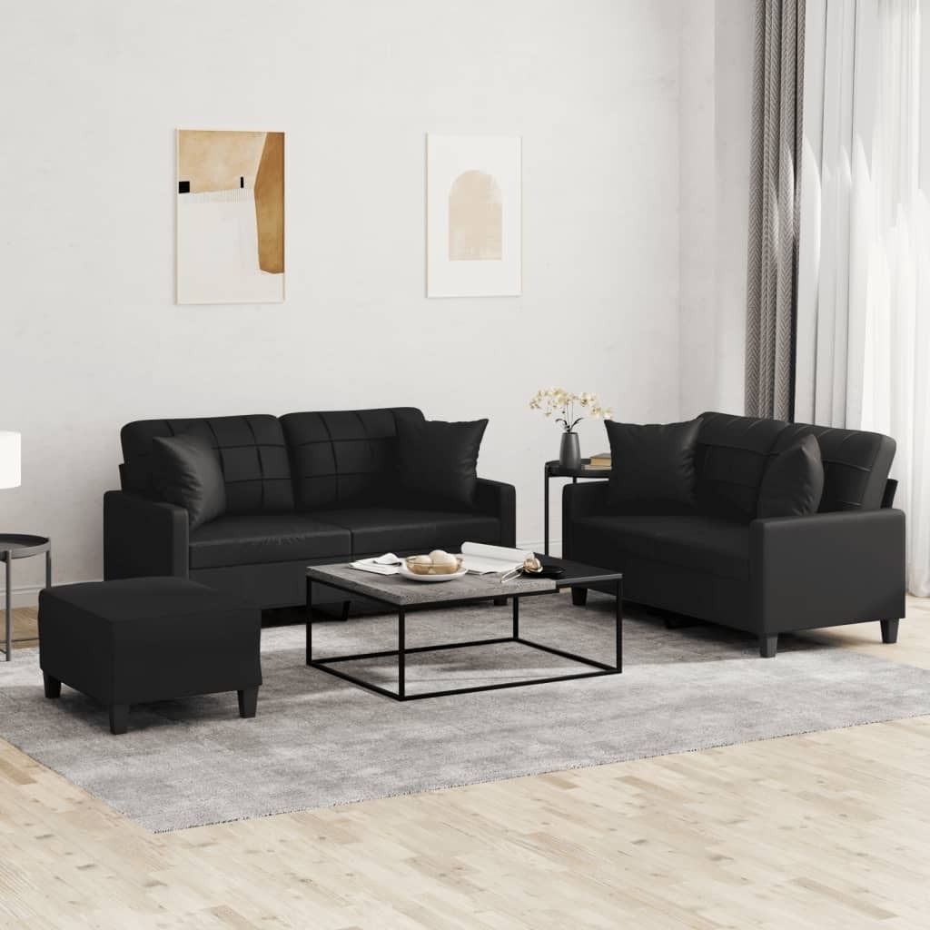 3-tlg. Sofagarnitur mit Kissen Schwarz Kunstleder Produktbild 