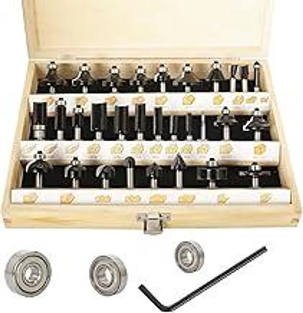 Sinoprotools Set di 30 frese per fresatrice verticale HM, frese con gambo da 8 mm in valigetta di legno con 3 cuscinetti, per il fai da te in legno, accessori per fresatrice verticale (gambo da 8 mm, set da 30 pezzi)