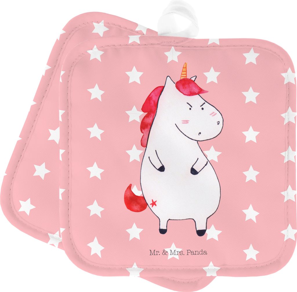 Mr. & Mrs. Panda Topflappen Einhorn Wut - Rot Pastell - Geschenk, Unicorn, Kochlappen, Topfuntersetzer, topfhalter, Arbeit, Büro, Set, Ofenlappen,...