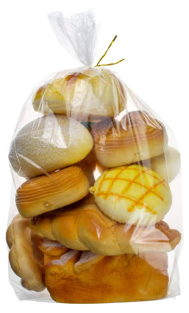 Brotbeutel mit Seitenfalte – transparente Plastiktüten für Brote, Brötchen und Baguettes mit gratis Bindebändern (45,7 x 20,3 x 10,2 cm), 50 ...