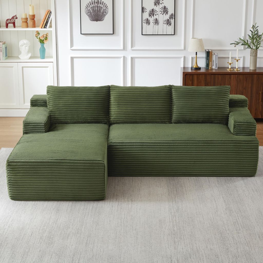 okwish Dreisitzer Modulares Sofa mit Armlehnen und Seitentasche, Ecksofa Tiefes Sitzdesign,links Recamiere, Wohnzimmersofa in Grün