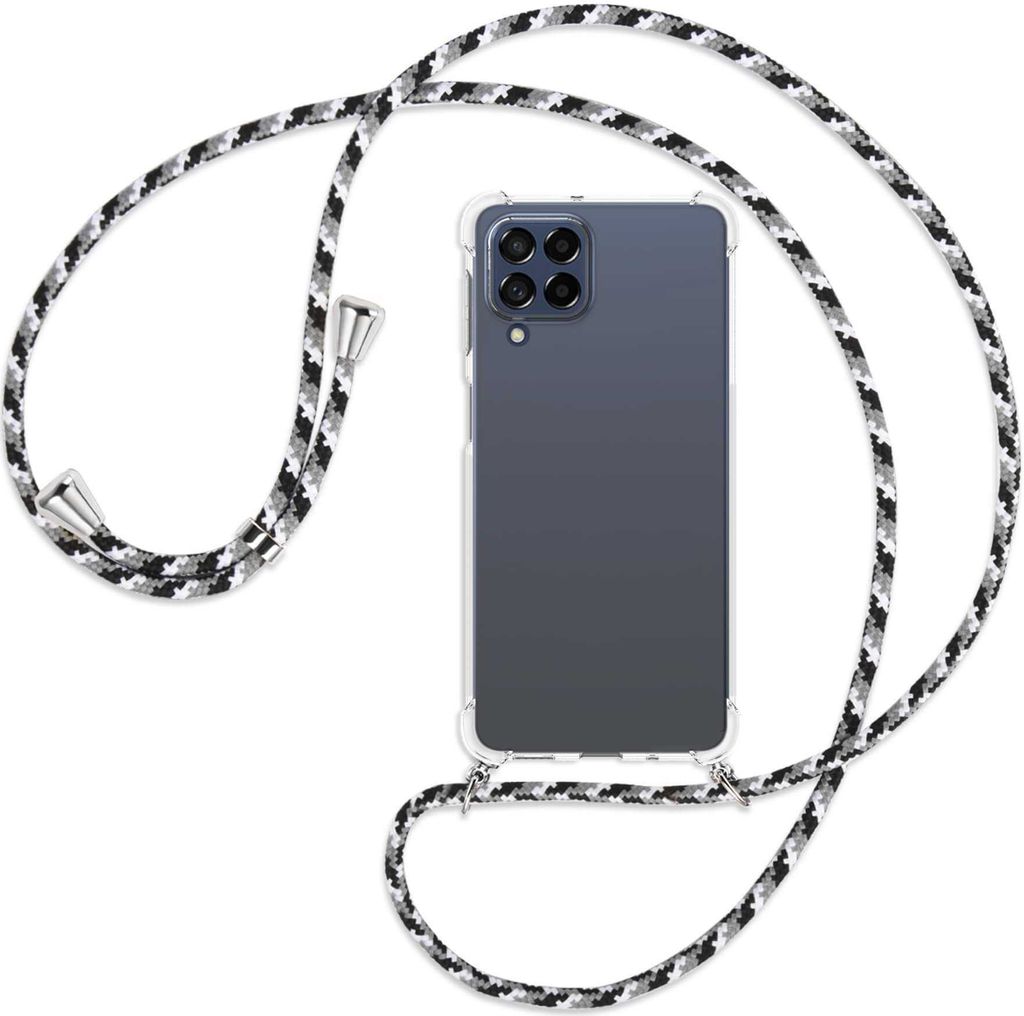 Handykette Backcover-Schutzhülle mit Band (Metall silberfarben) für Samsung Galaxy M53 5G - schwarz/grau/weiß