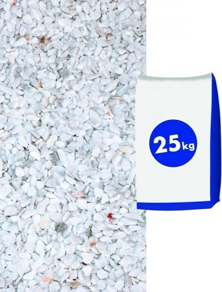 A bag of white marble chips next to a pile of the same chips.
