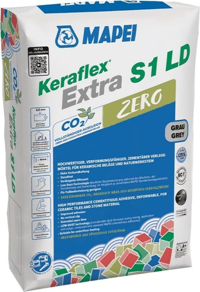 A bag of Mapei Keraflex Extra S1 LD Zero tile adhesive.