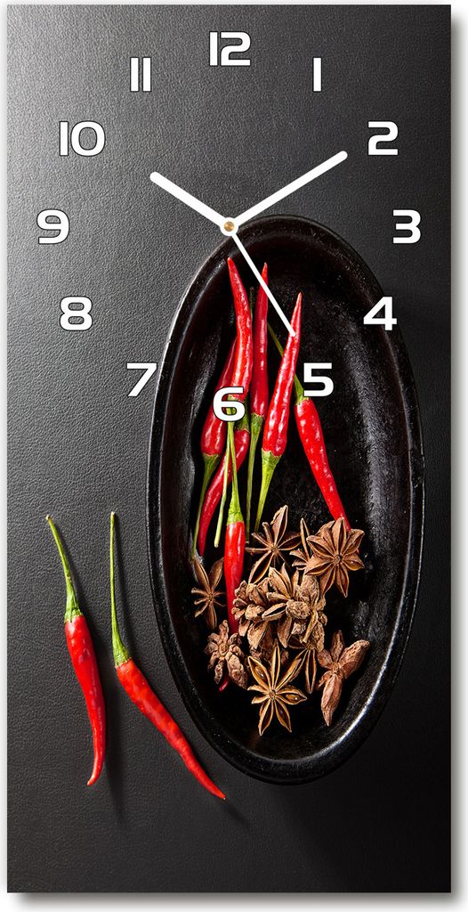 Wanduhr aus Glas – 30x60 cm - Glasbild - Glasuhr - Gehärtetes Glas -Chilischoten