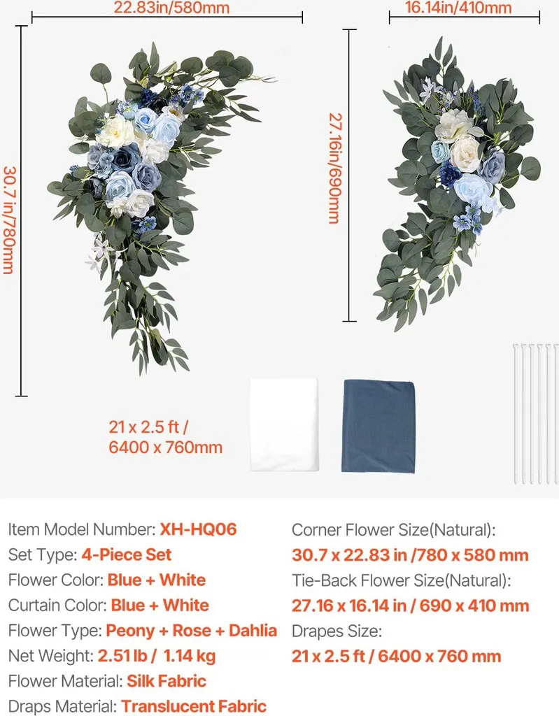 Set de 2 Fleurs Artificielles et 2 Rideaux Bleus pour Arche de Mariage - 7