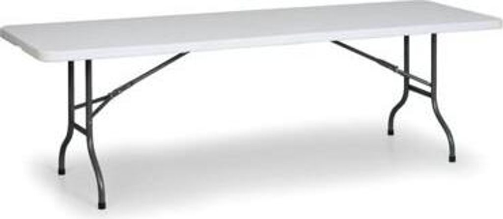 A white rectangular folding table with gray metal legs is shown against a white background.