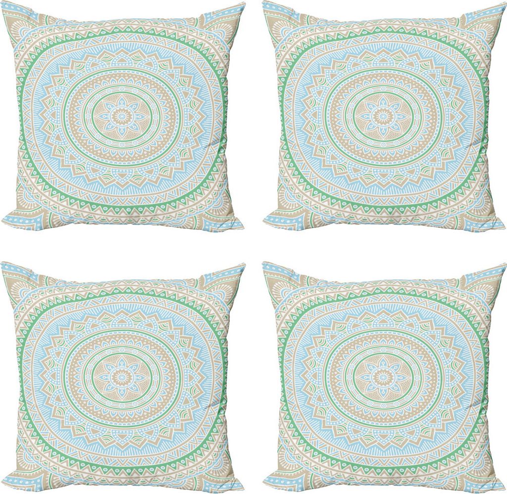 ABAKUHAUS Mandala Kissenbezug Set (4 Stück), Oriental Motif Pastellton, Moderner Doppelseitiger Digitaldruck, 60 cm x 60 cm, Pale Blue Pale Sepia