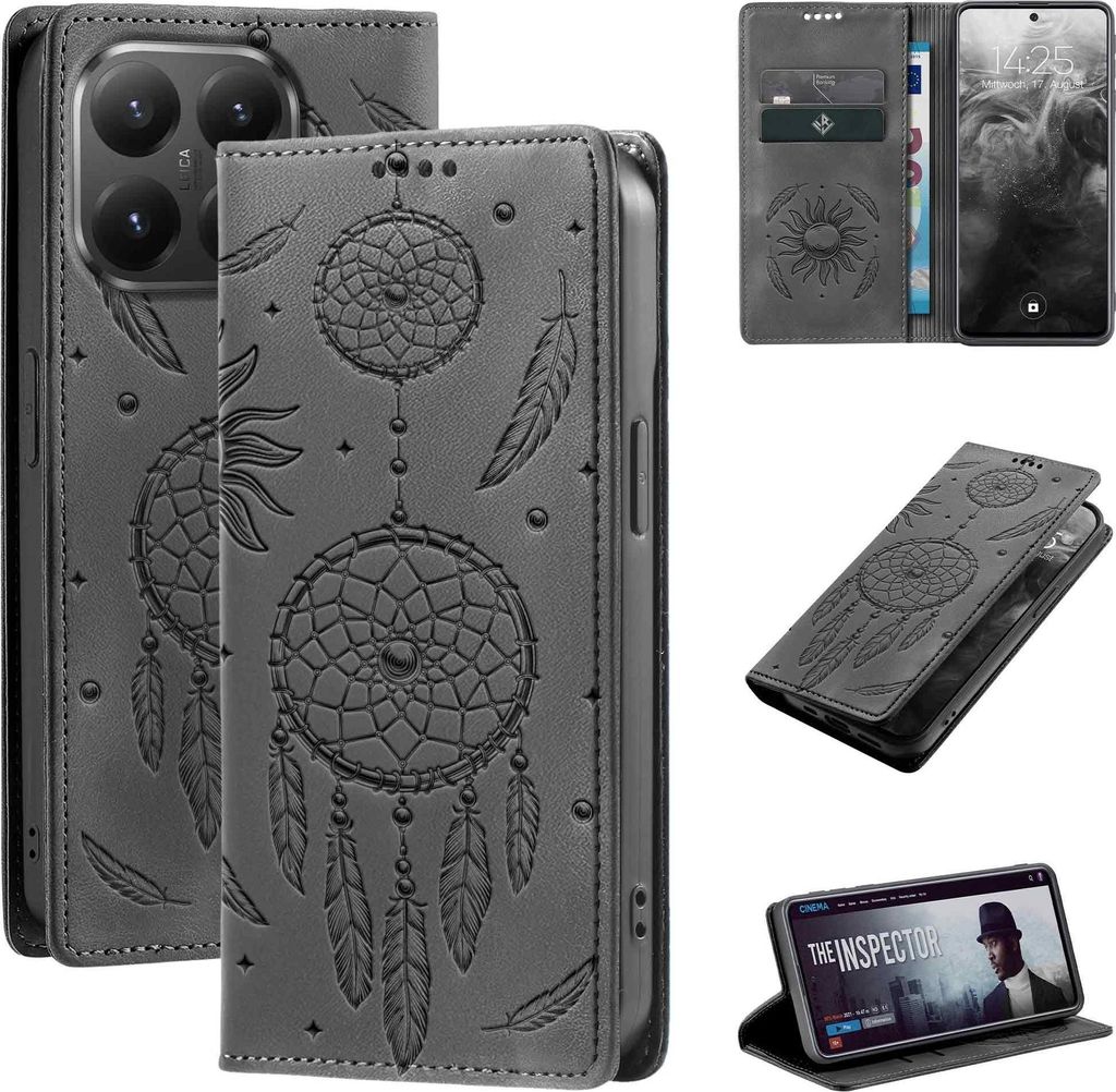 Handyhülle für Xiaomi 15T RFID Schutz Klapphülle Case Cover Blumen Design Traumfänger Schutzhülle Farbe: Schwarz