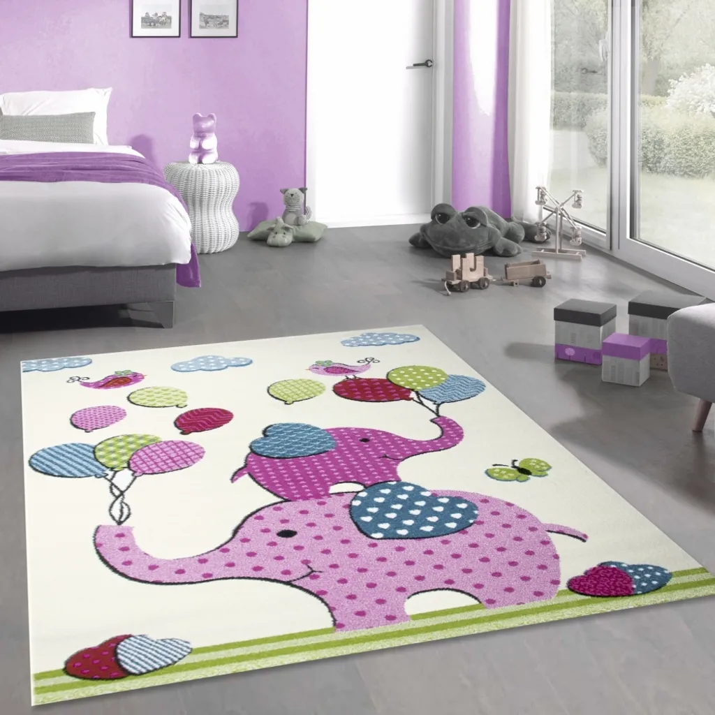 Tapis enfant éléphants et ballons crème - 160 x 230 cm pour chambre