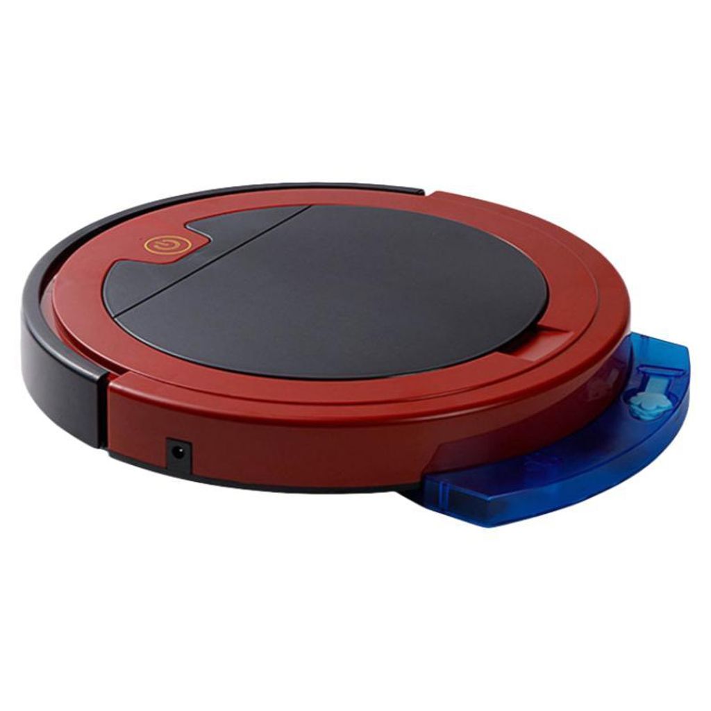 A red and black robot vacuum cleaner with a blue charging dock, shown from a side-angle on a white background.
